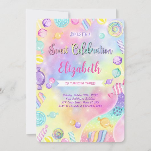 Bewerkbare Candy Verjaardagsuitnodiging  Kaart (Voorkant)