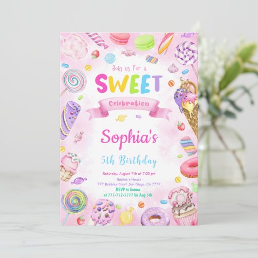 Bewerkbare Candy Verjaardagsuitnodiging Kaart (Staand voorkant)