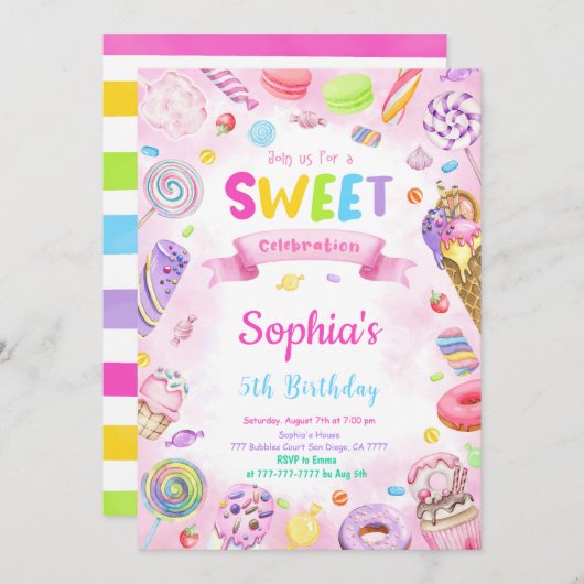 Bewerkbare Candy Verjaardagsuitnodiging Kaart (Voorkant / Achterkant)