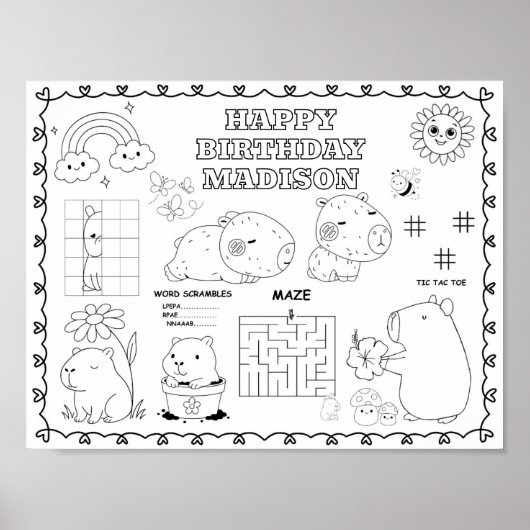 Bewerkbare capybara verjaardag kleurmat poster (Voorkant)