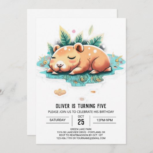 Bewerkbare Capybara verjaardagsuitnodiging Kaart (Voorkant / Achterkant)