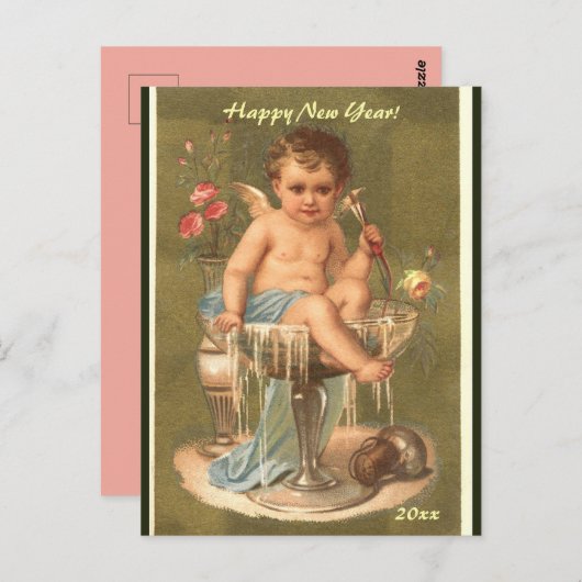 Bewerkbare Champagne Cherub Gelukkig Nieuwjaar Briefkaart (Voorkant / Achterkant)