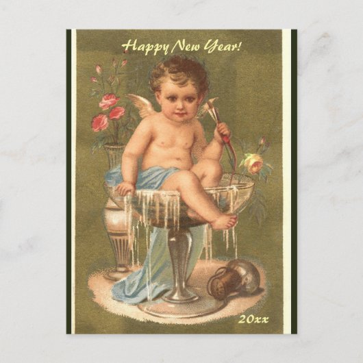 Bewerkbare Champagne Cherub Gelukkig Nieuwjaar Briefkaart (Voorkant)