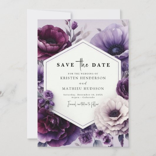 Bewerkbare Chic Paarse Floral Wedding Save The Date (Voorkant)