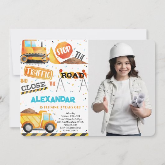 Bewerkbare constructie Verjaardag Foto uitnodiging (Voorkant)