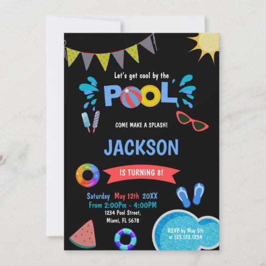 Bewerkbare Cool Summer Swim Party Uitnodigen Kaart (Voorkant)