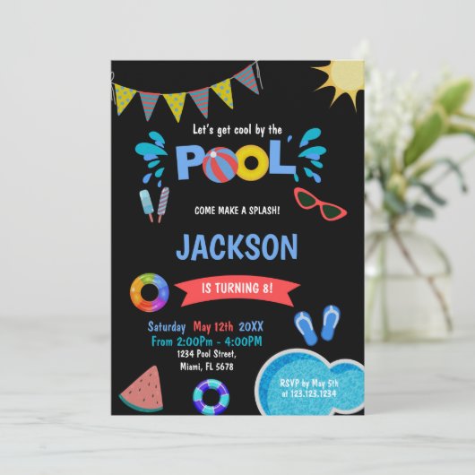 Bewerkbare Cool Summer Swim Party Uitnodigen Kaart (Staand voorkant)