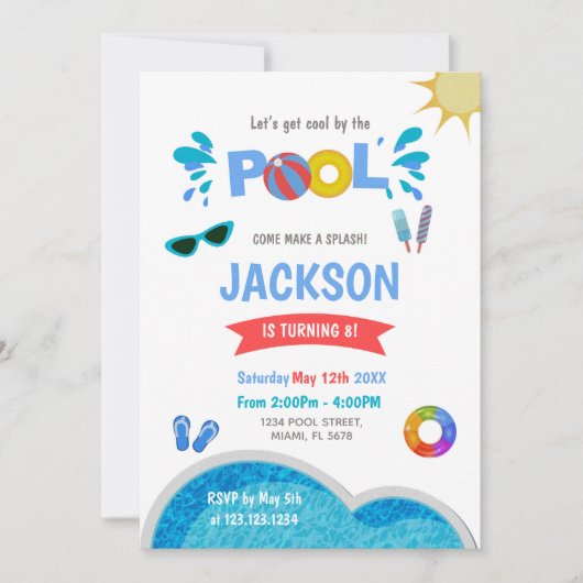 Bewerkbare Cool Summer Swim Party Uitnodigen Kaart (Voorkant)