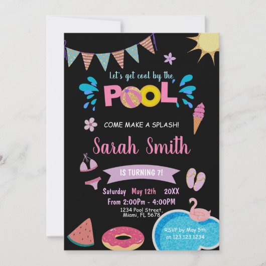 Bewerkbare Cool Summer Swim Party Uitnodiging voor (Voorkant)