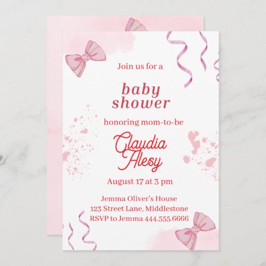 Bewerkbare Coquette Baby shower Invitation 3 Kaart (Voorkant / Achterkant)