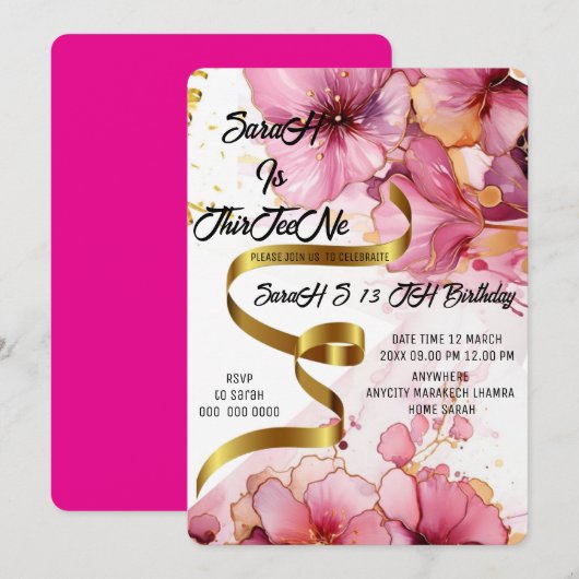 Bewerkbare Coquette Roze Bow Verjaardag Uitnodigin Kaart (Voorkant / Achterkant)