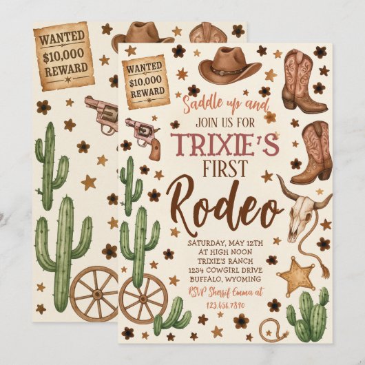 Bewerkbare Cowgirl verjaardagsfeestje uitnodiging (Voorkant / Achterkant)