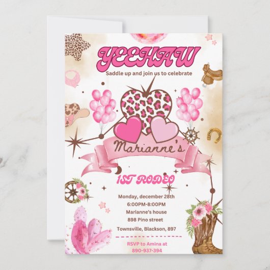 Bewerkbare Cowgirl verjaardagsuitnodiging, Disco R Kaart (Voorkant)