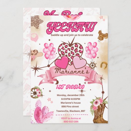 Bewerkbare Cowgirl verjaardagsuitnodiging, Disco R Kaart (Voorkant / Achterkant)