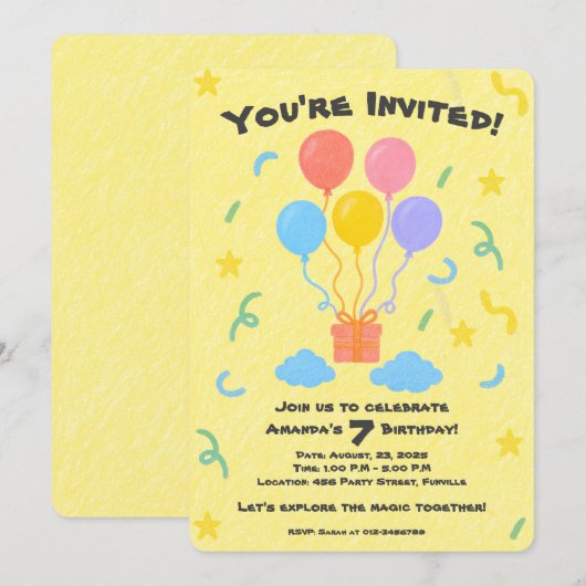 Bewerkbare Crayon Stijl – Ballon Bash Verjaardag Kaart (Voorkant / Achterkant)