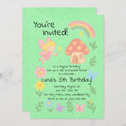 Bewerkbare Crayon Style – Fairy Mushroom Forest Kaart (Voorkant / Achterkant)