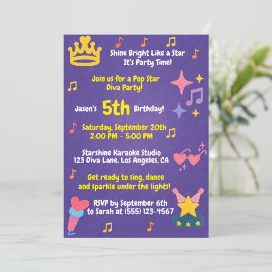 Bewerkbare Crayon Style – Pop Star Diva Party Kaart (Staand voorkant)