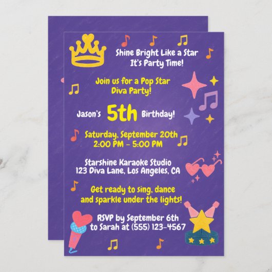 Bewerkbare Crayon Style – Pop Star Diva Party Kaart (Voorkant / Achterkant)