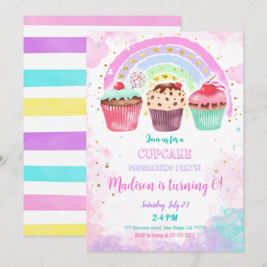 Bewerkbare Cupcake verjaardagsuitnodiging Kaart (Voorkant / Achterkant)