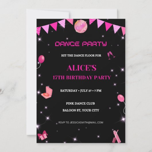 Bewerkbare Dance Birthday Party Invitation Sjabloo Kaart (Voorkant)