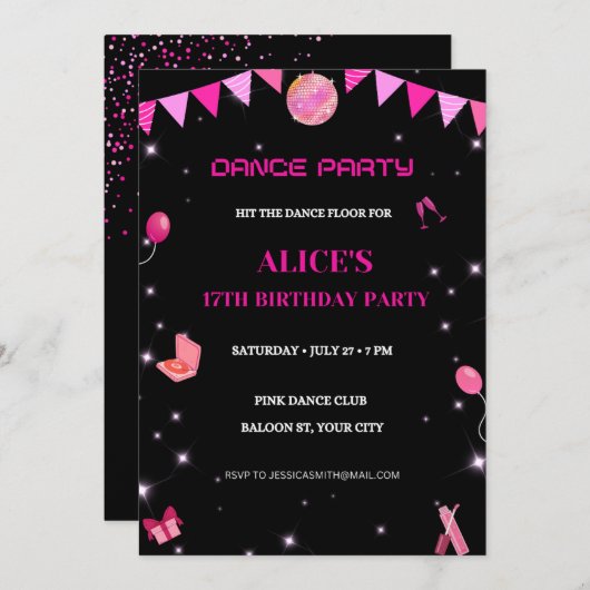 Bewerkbare Dance Birthday Party Invitation Sjabloo Kaart (Voorkant / Achterkant)