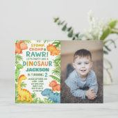 Bewerkbare Dino Party Uitnodigen met Foto Feestdagenkaart (Staand voorkant)
