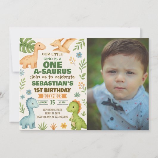 Bewerkbare Dino Party Uitnodigen met foto Feestdagenkaart (Voorkant)