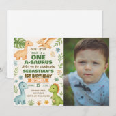 Bewerkbare Dino Party Uitnodigen met foto Feestdagenkaart (Voorkant / Achterkant)