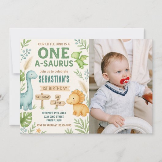 Bewerkbare Dino Party Uitnodigen met foto Feestdagenkaart (Voorkant)