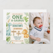 Bewerkbare Dino Party Uitnodigen met foto Feestdagenkaart (Voorkant / Achterkant)