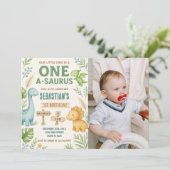 Bewerkbare Dino Party Uitnodigen met foto Feestdagenkaart (Staand voorkant)