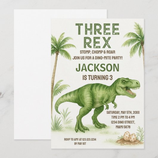 Bewerkbare Dino Party-uitnodiging voor jongens of  Feestdagenkaart (Voorkant / Achterkant)