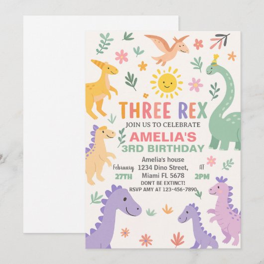 Bewerkbare Dino Party Uitnodiging voor kinderen (Voorkant / Achterkant)