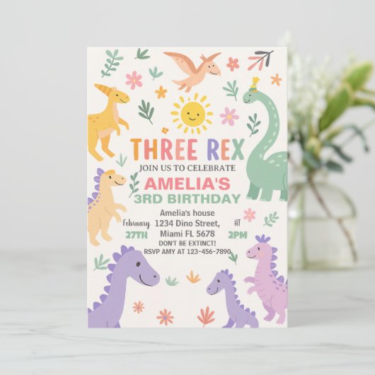 Bewerkbare Dino Party Uitnodiging voor kinderen (Staand voorkant)