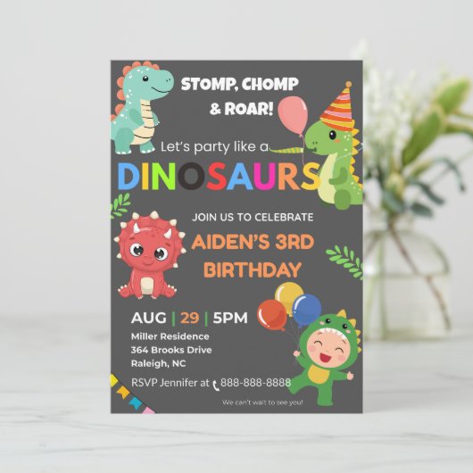Bewerkbare Dino verjaardagsuitnodiging – Flat Kaar Kaart (Staand voorkant)