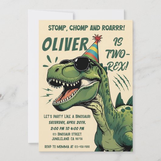 Bewerkbare dinosaurus 2e verjaardag uitnodiging, t kaart (Voorkant)