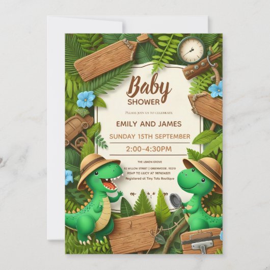 Bewerkbare dinosaurus babyshower kaart voor jongen (Voorkant)