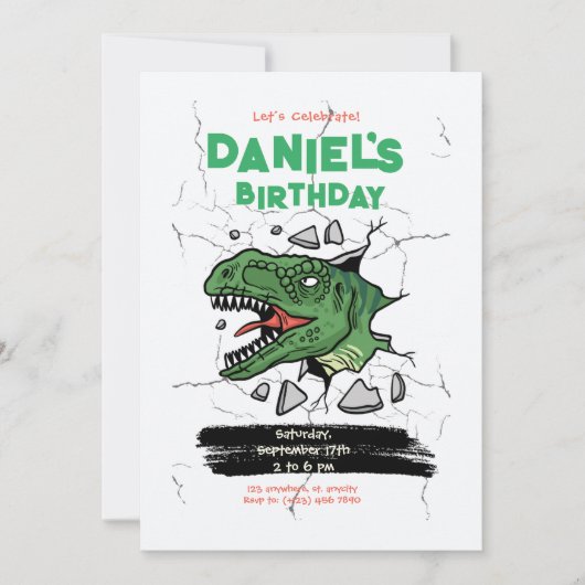 Bewerkbare dinosaurus uitnodiging, kinderverjaarda kaart (Voorkant)