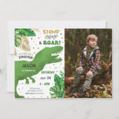 Bewerkbare Dinosaurus Verjaardagsfeestfoto Kaart (Voorkant)