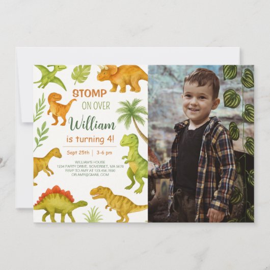 Bewerkbare Dinosaurus Verjaardagsfeestfoto Kaart (Voorkant)