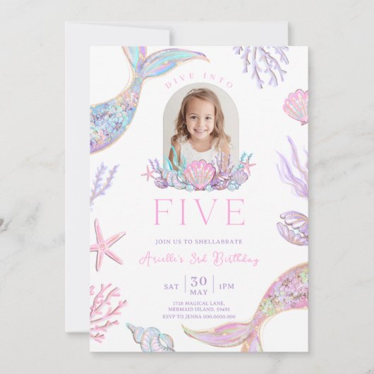 Bewerkbare 'Dive Into Five' Zeemeermin Uitnodiging (Voorkant)