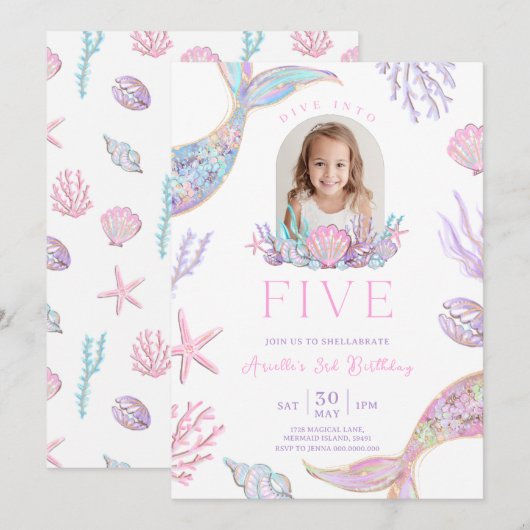 Bewerkbare 'Dive Into Five' Zeemeermin Uitnodiging (Voorkant / Achterkant)