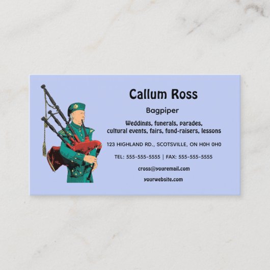 Bewerkbare doedelzak visitekaartje (Voorkant)