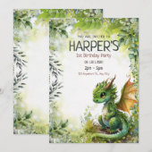Bewerkbare Dragon 1e Verjaardagsfeestuitnodiging (Voorkant / Achterkant)