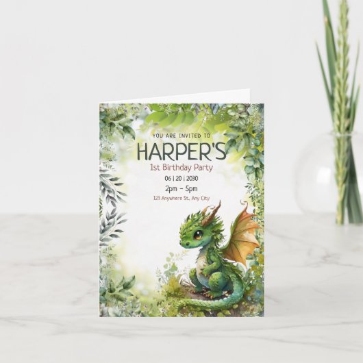 Bewerkbare Dragon 1e Verjaardagsfeestuitnodiging (Voorkant)