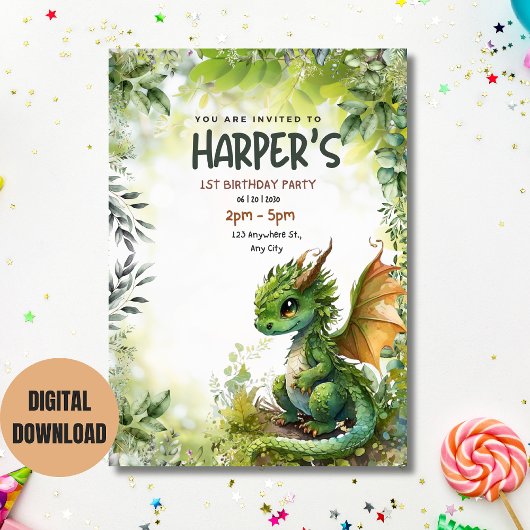 Bewerkbare Dragon 1e Verjaardagsfeestuitnodiging Kaart