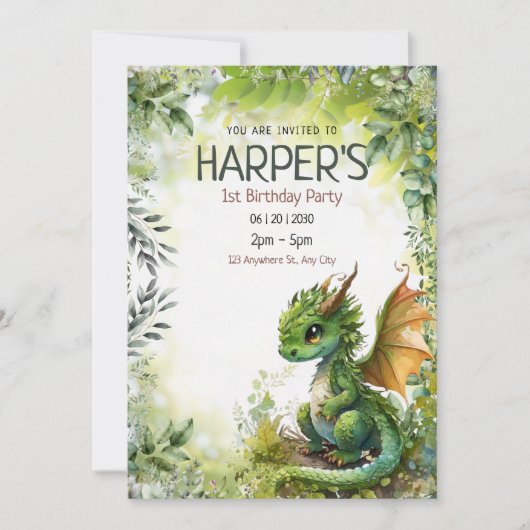 Bewerkbare Dragon 1e Verjaardagsfeestuitnodiging Save The Date (Voorkant)