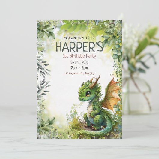 Bewerkbare Dragon 1e Verjaardagsfeestuitnodiging Save The Date (Staand voorkant)