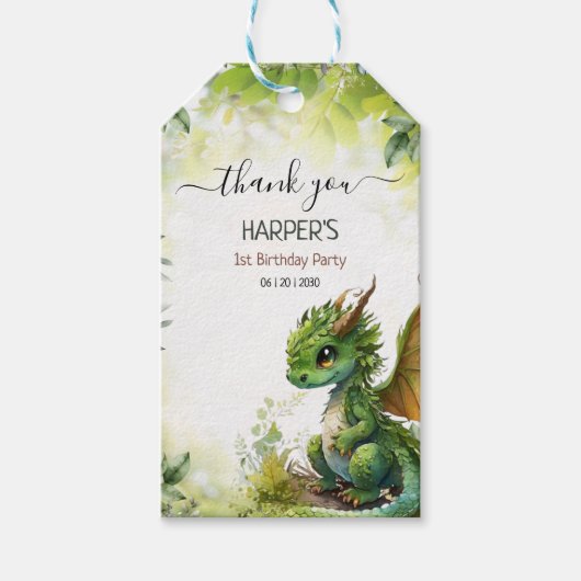 Bewerkbare Dragon 1st Birthday Party, Jongens Verj Cadeaulabel (Voorkant)