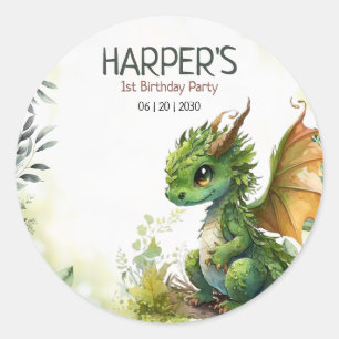 Bewerkbare Dragon 1st Birthday Party, Jongens Verj Ronde Sticker